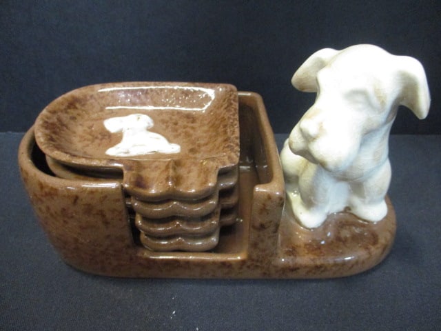 Ceramic Vtg. Dog Ashtray Set w/Holder & Poodle Dish - 2