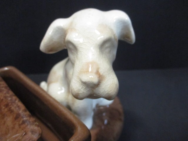 Ceramic Vtg. Dog Ashtray Set w/Holder & Poodle Dish - 3