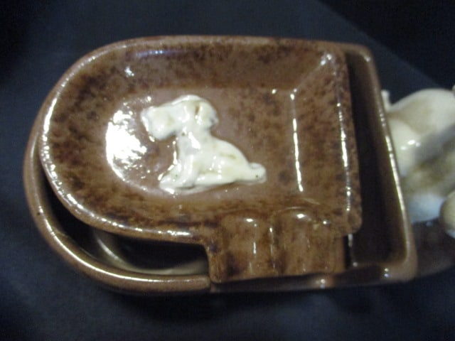 Ceramic Vtg. Dog Ashtray Set w/Holder & Poodle Dish - 4