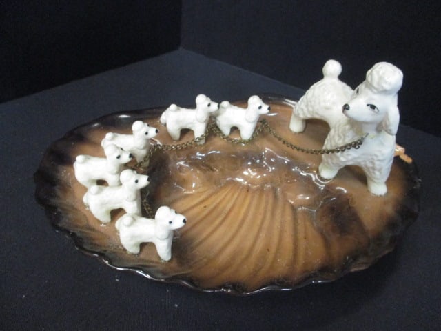 Ceramic Vtg. Dog Ashtray Set w/Holder & Poodle Dish - 6