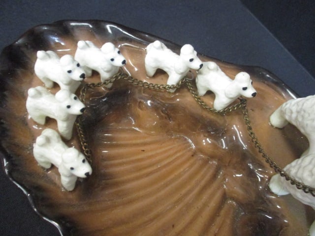 Ceramic Vtg. Dog Ashtray Set w/Holder & Poodle Dish - 7