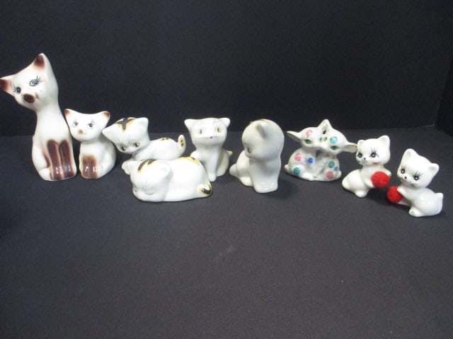 4 PC Cat Figurines, 2 PC Cats w/Pom Poms, etc. Cats Grouping (1 of 13)