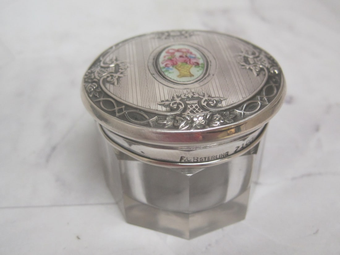 Sterling Silver & Enamel Dresser Jar: 1 3/4", Art Deco top, panel cut crystal base