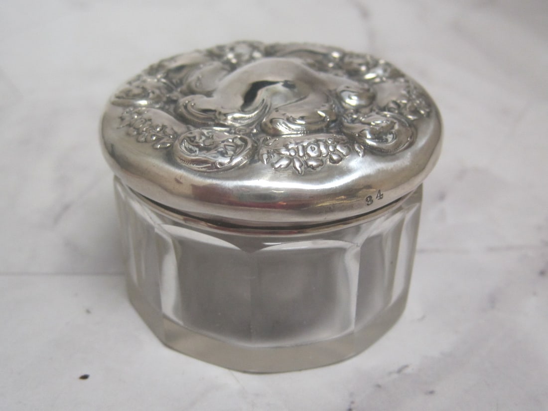 Sterling Silver & Crystal Dresser Jar: 2", Floral top