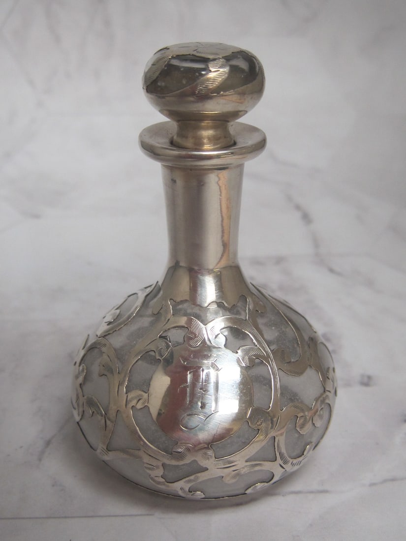 Gorham Antique Silver Overlay Perfume Bottle: 3 1/4", Stopper has small chip, Inscribed with "D"