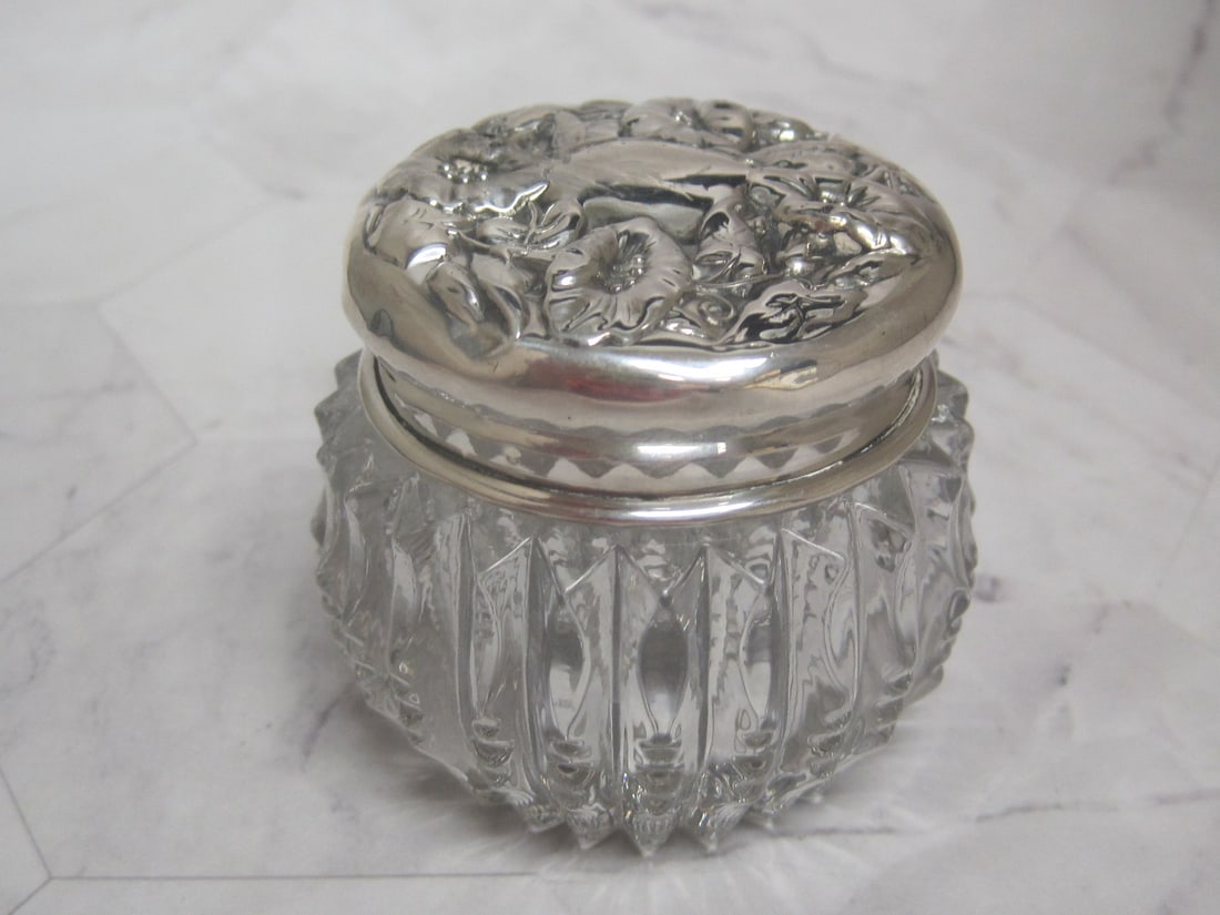 Sterling Silver & Crystal Dresser Jar: 2 1/2", Morning Glory design top, zipper panel base, circa 1900, wear on high points