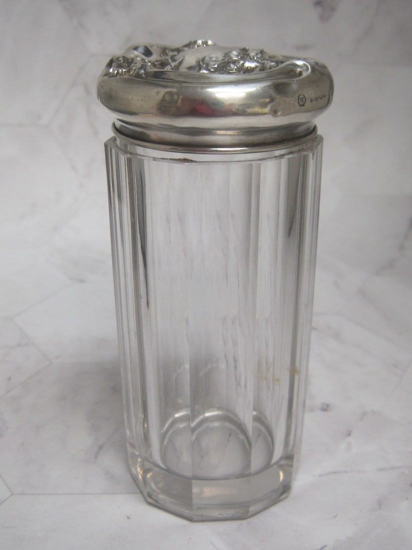 Antique Sterling Silver & Cut Glass Dresser Jar: 4 1/2", Floral lid with inner lid for powder, panel cut design