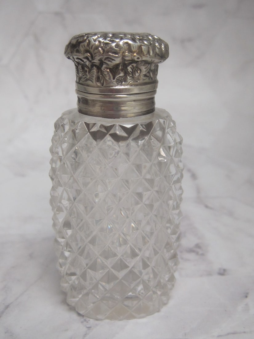 Antique Sterling Silver & Cut Glass Perfume Bottle: 3 1/4", English hallmarks, circa 1900, lacks inner stopper or cork stopper, inscribed with initials on top