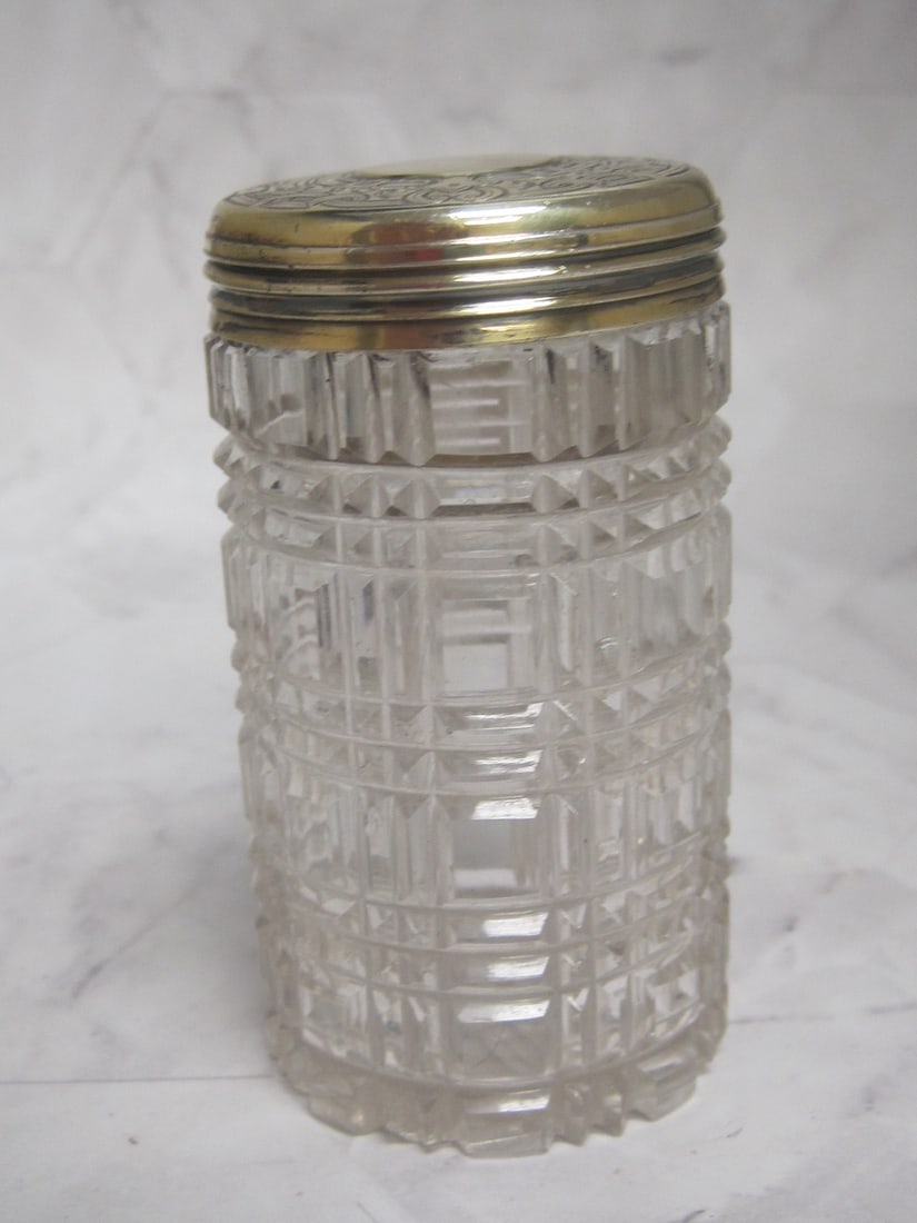 Sterling Silver & Cut Glass Dresser Jar: 3 1/4", English hallmarks, by Asprey of London, gold wash lid, elaborate cut base