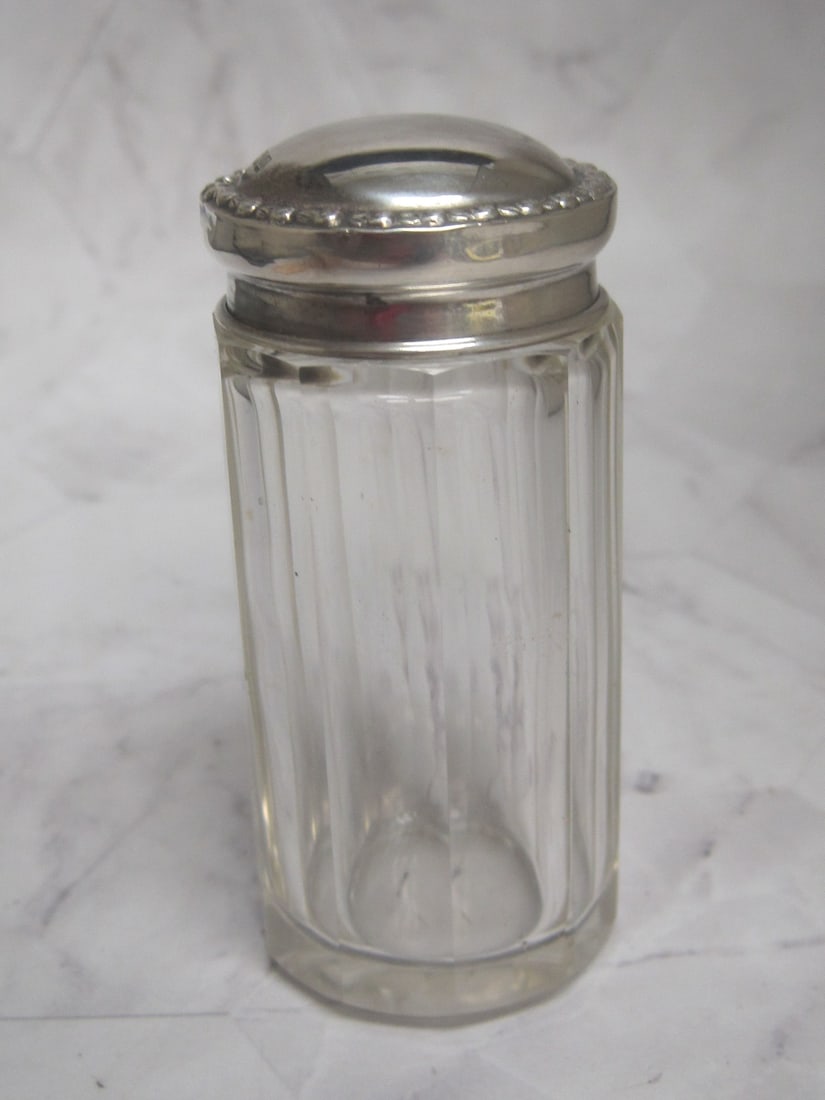 Sterling Silver & Cut Glass Dresser Jar: 3 1/4", English hallmarks, panel cut, circa 1920's
