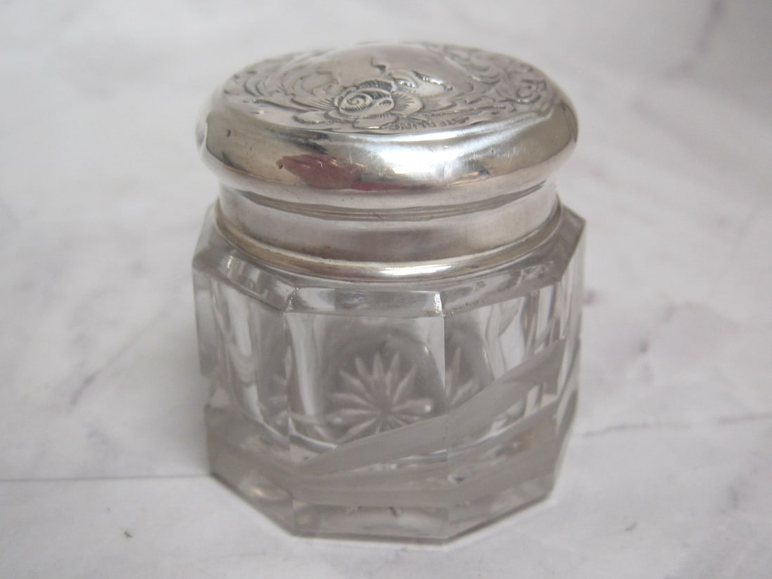 Sterling Silver & Cut Glass Dresser Jar: 1 3/4", Intaglio orchid design base, roses on lid