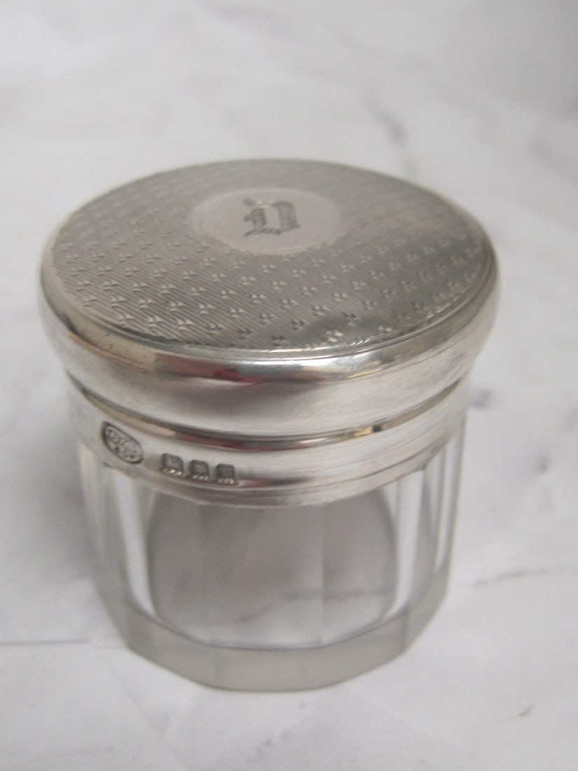 Sterling Silver & Cut Crystal Dresser Jar: 1 3/4", English hallmarks, Art Deco era, inscribed with "D"