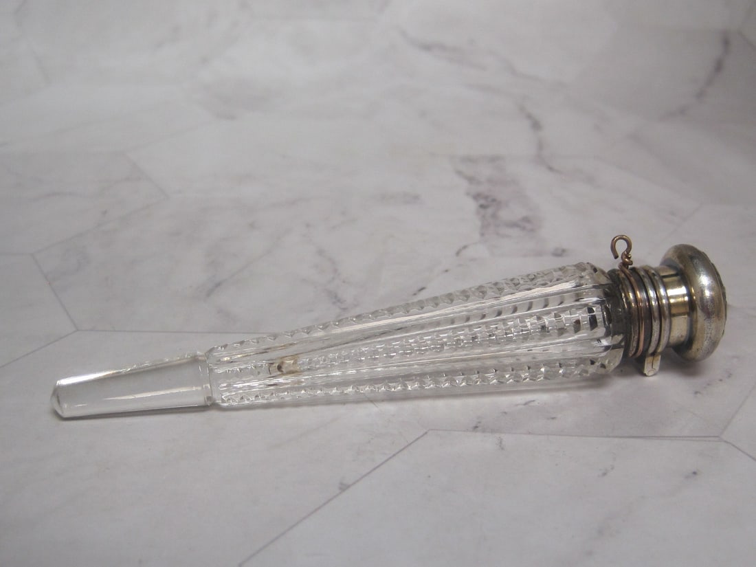 Sterling Silver & Cut Glass Perfume Bottle: 4 1/4", Zipper & panel design, chatelaine hanger, lacking inner stopper