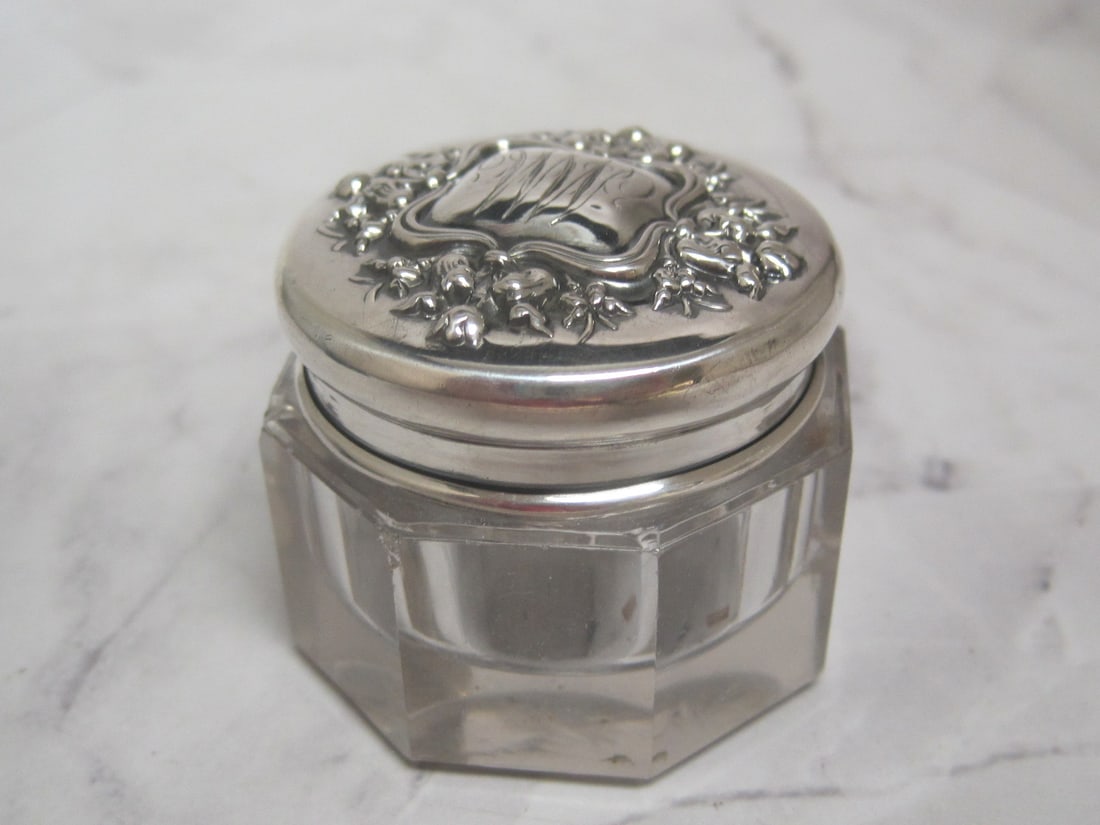 Antique Sterling Silver & Crystal Dresser Jar: 1 1/2", Floral dÃ©cor, hexagon base
