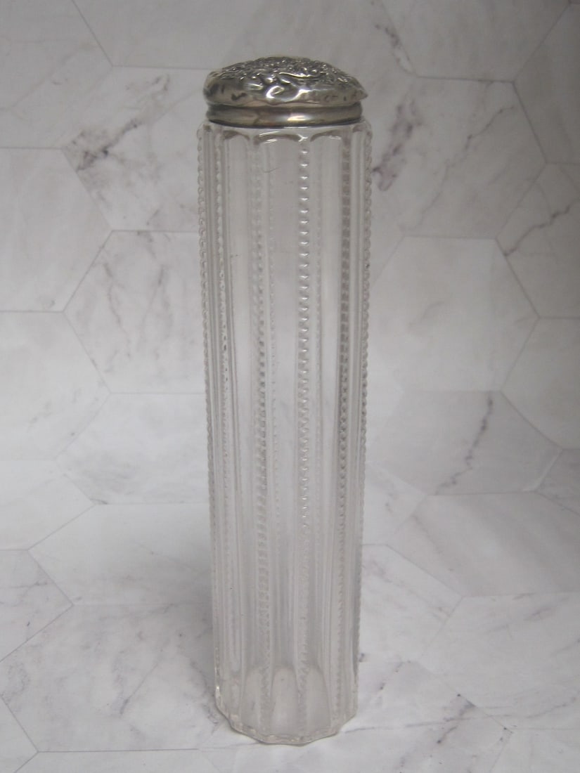 Sterling Silver & Glass Toothbrush Holder: 7" tall, Travel style cylinder, dings to sterling silver top