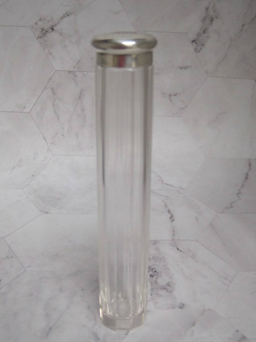 Sterling Silver & Cut Glass Toothbrush Holder: 6", Travel style, French silver hallmark, Art Deco era, Initials inscribed on lid
