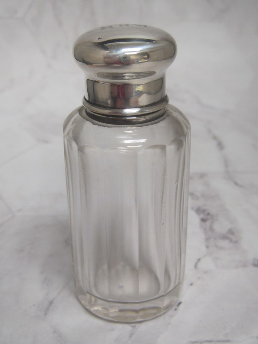 Sterling Silver & Cut Glass Perfume Bottle: 3 1/4", panel cut, travel type, Art Deco era, Inscribed "HRW" on lid