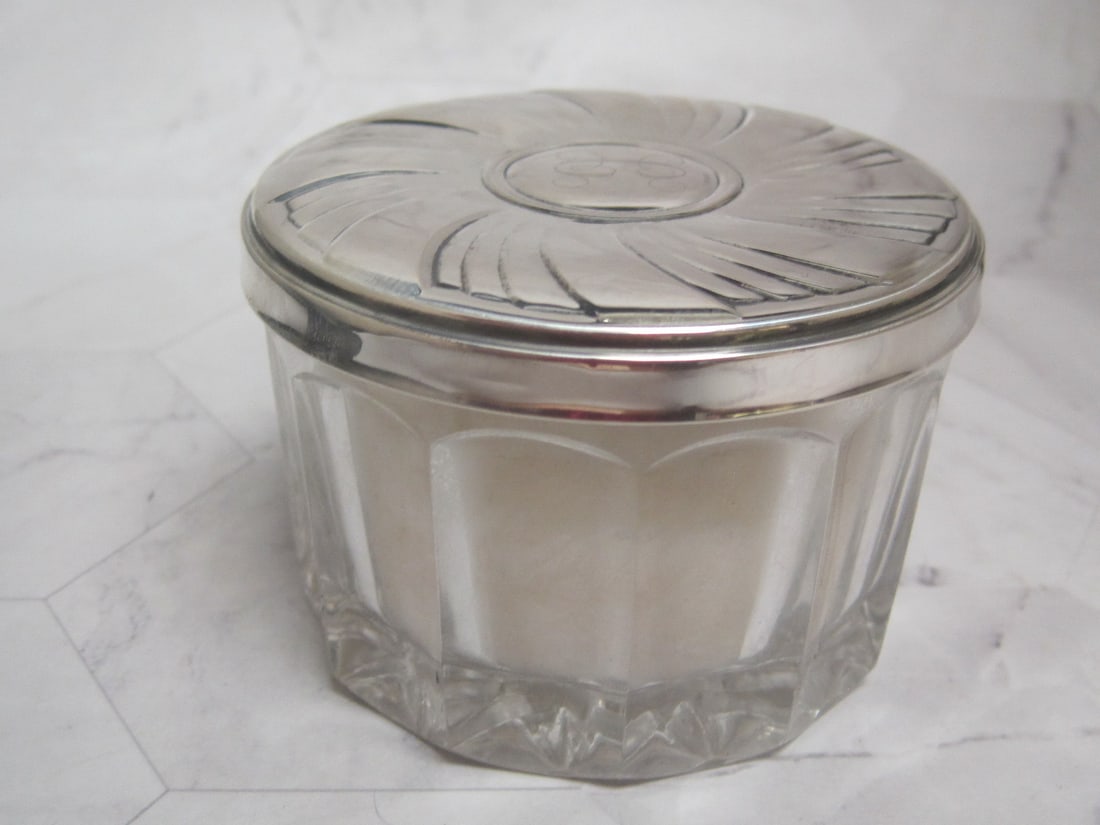 Towle Sterling Silver & Crystal DresserBox or Powder Box: 3", Mirror under lid, Inscribed "C" on lid