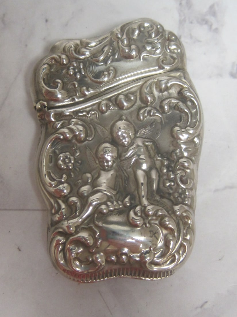 Victorian Art Nouveau Match Safe with Cherubs: Floral surrounded, Marked Sterline