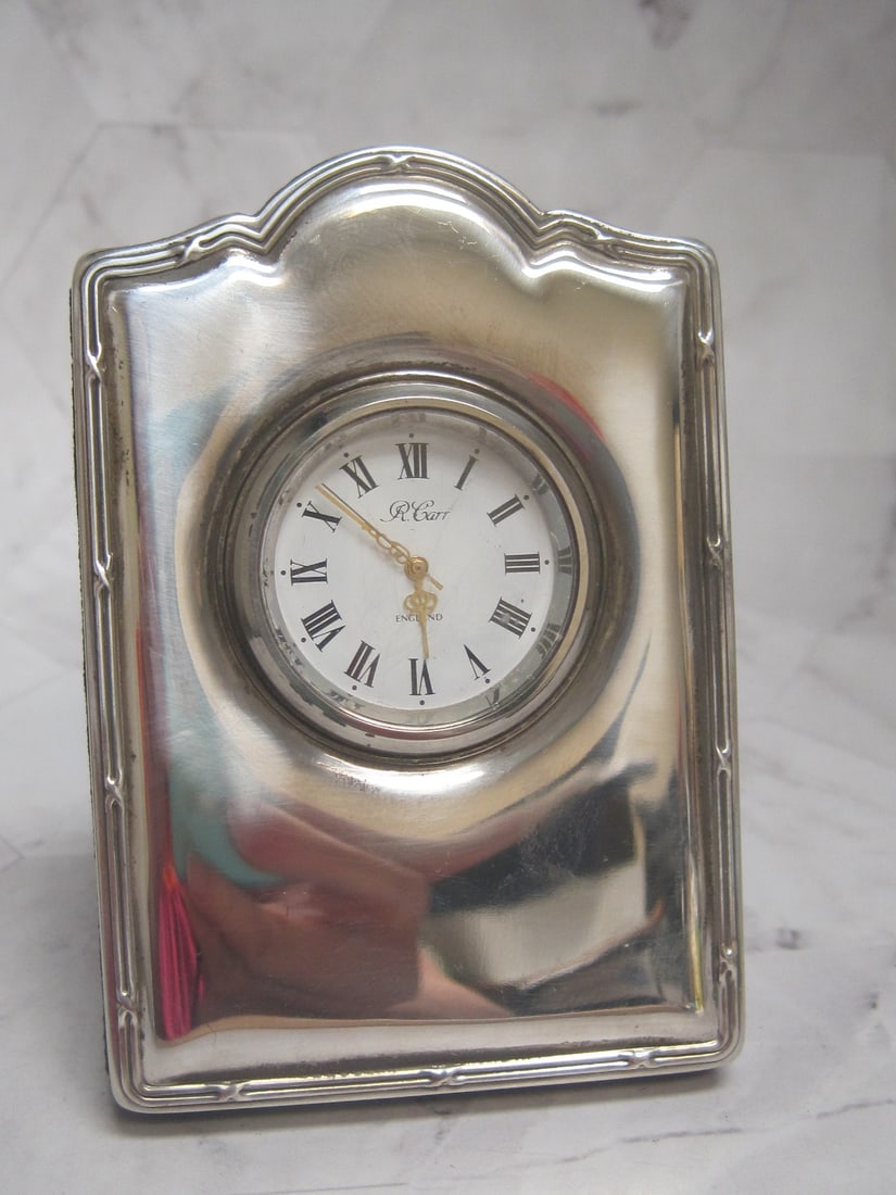R. Carr Sterling Silver Desk Clock: 3 1/2" x 2 1/2", Quartz, England
