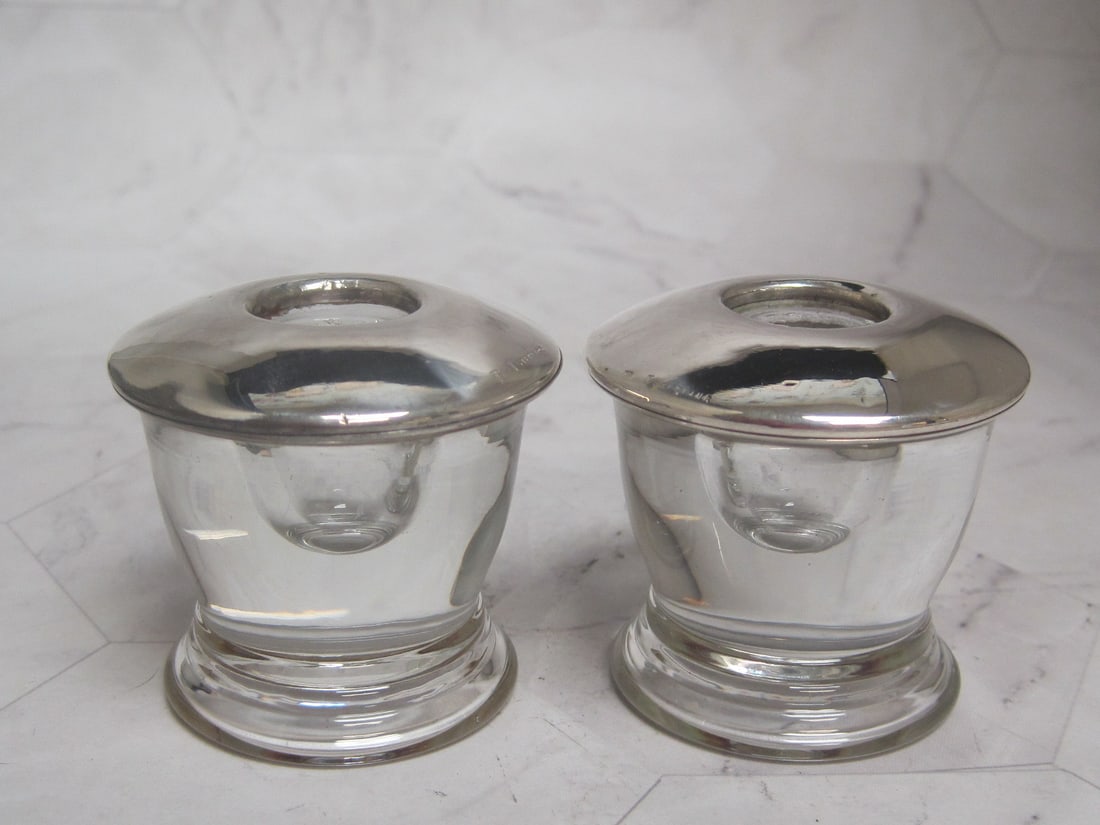 Pair of Sterling Silver & Crystal Candleholders: 2" tall, Art Deco, For taper style