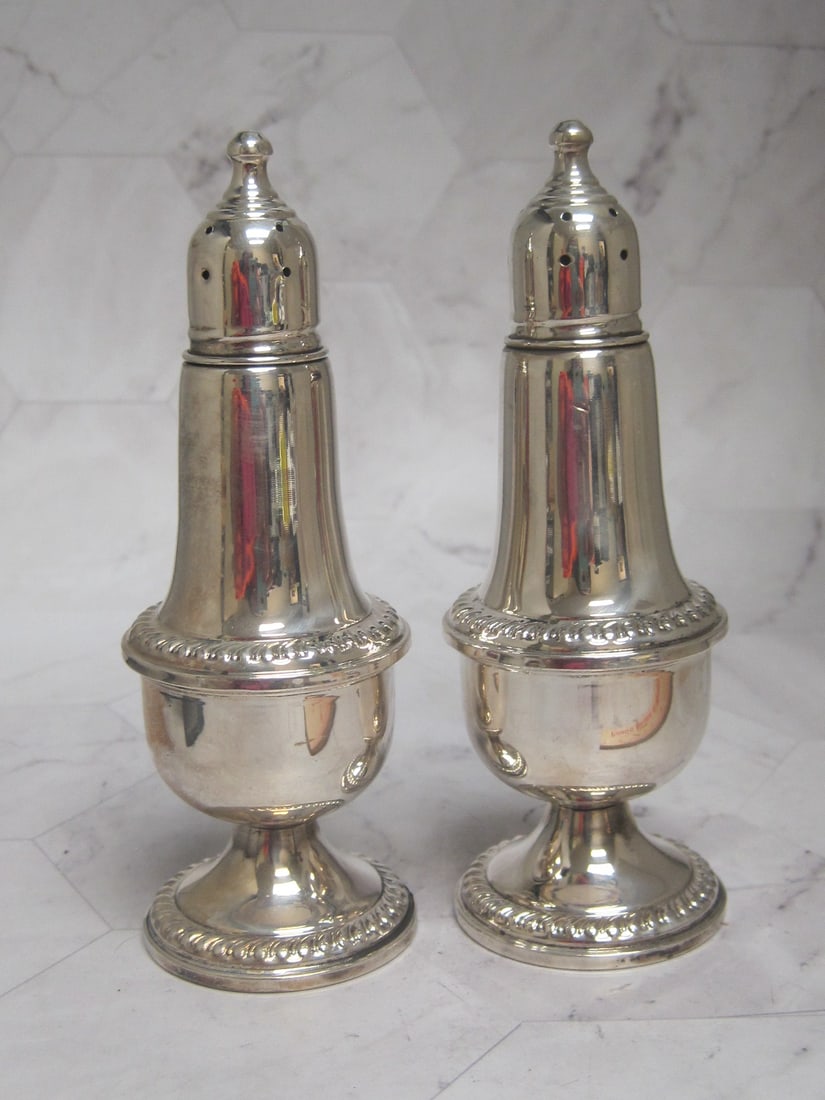 Empire Sterling Silver Weighted Salt & Pepper Shaker Set: 5" tall, glass lined, gadroon design