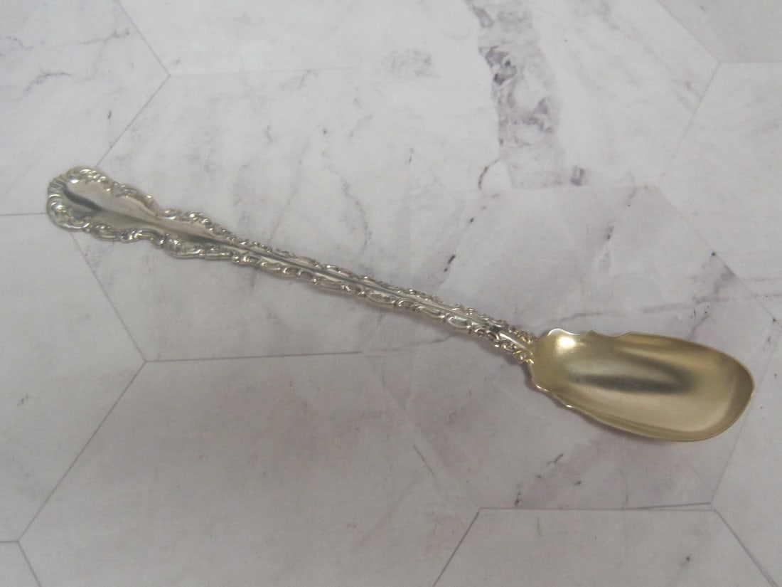 Rare Whiting Sterling Silver Horseradish Server Spoon: Weighs 18.9 grams, 6", Gold end, dated 1891, "Louis XV"