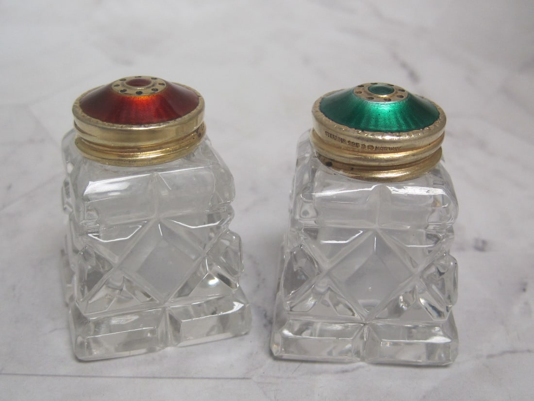 Sterling Silver & Cut Glass Salt & Pepper Shakers: 1 3/4", Enameled tops, gold wash, Norway