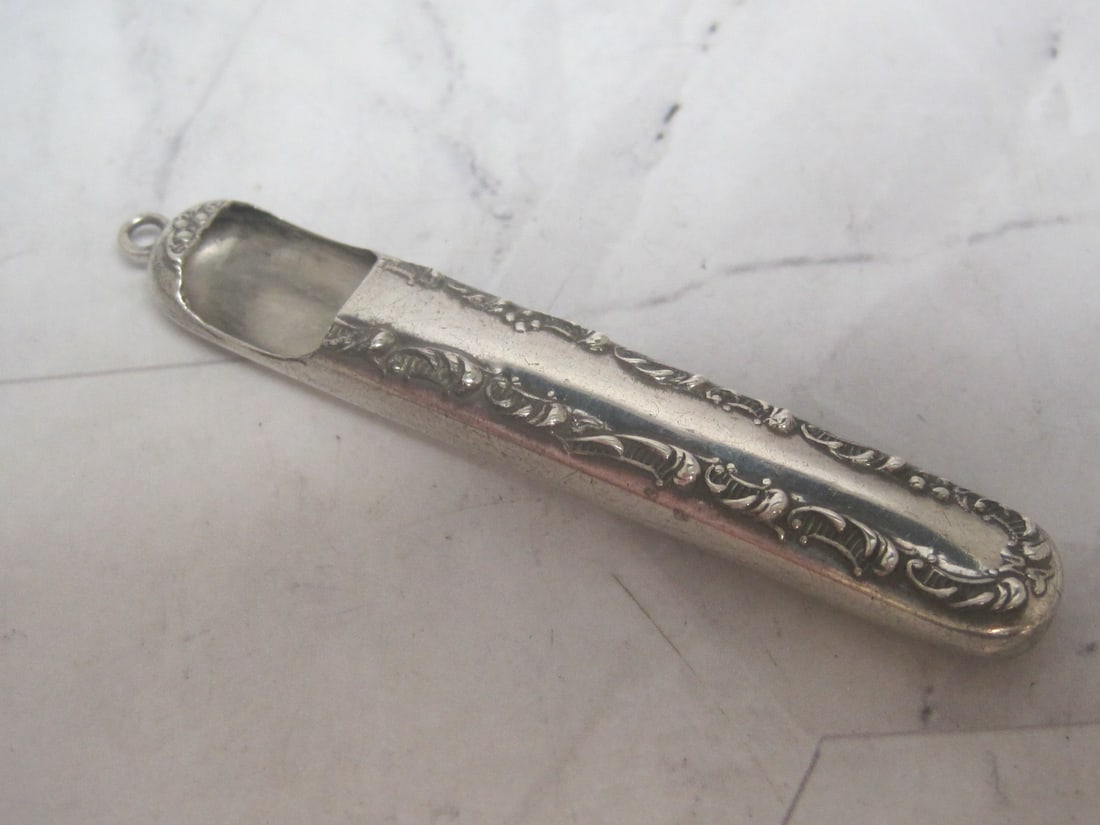 Sterling Silver Sewing Needle Holder: Weighs 7.3 grams, 2 3/4", Chatelaine style with top loop, circa 1900