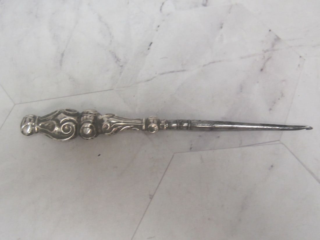 European Silver Handled Sewing Tool: 4 3/4", 1890's
