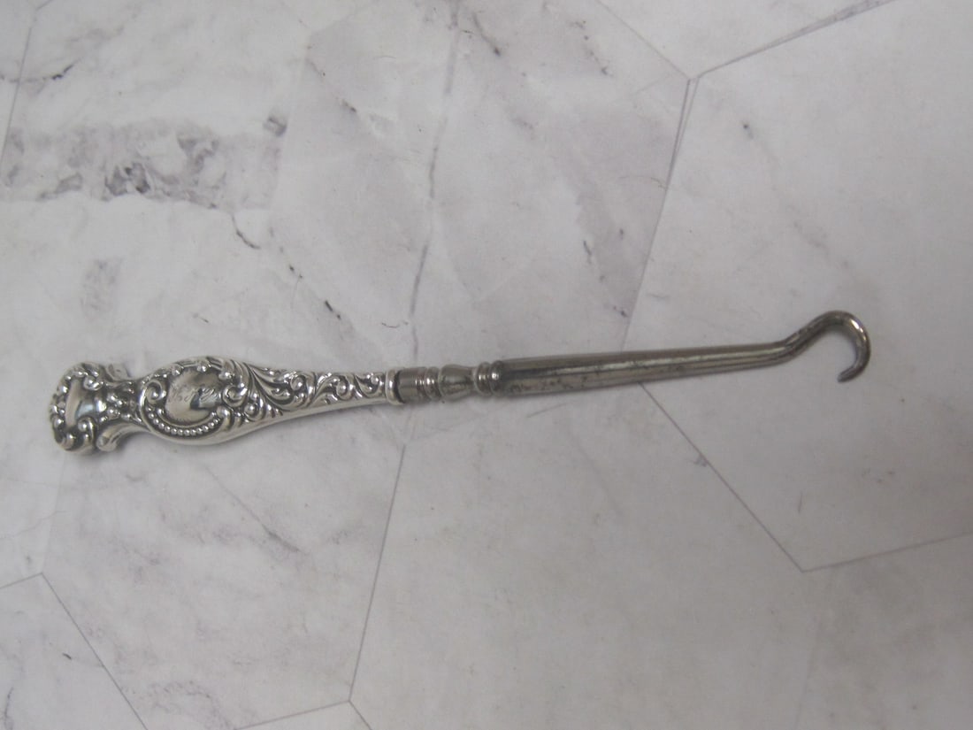 Antique Sterling Silver Handled Button Hook: 6", Art Nouveau floral, Inscribed with initials