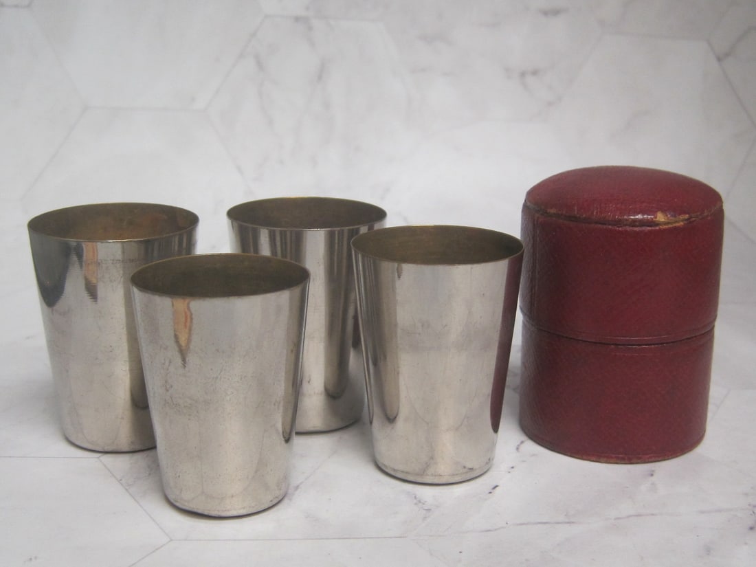 Antique Travel Shot Glass Set in Leather Case: Germany