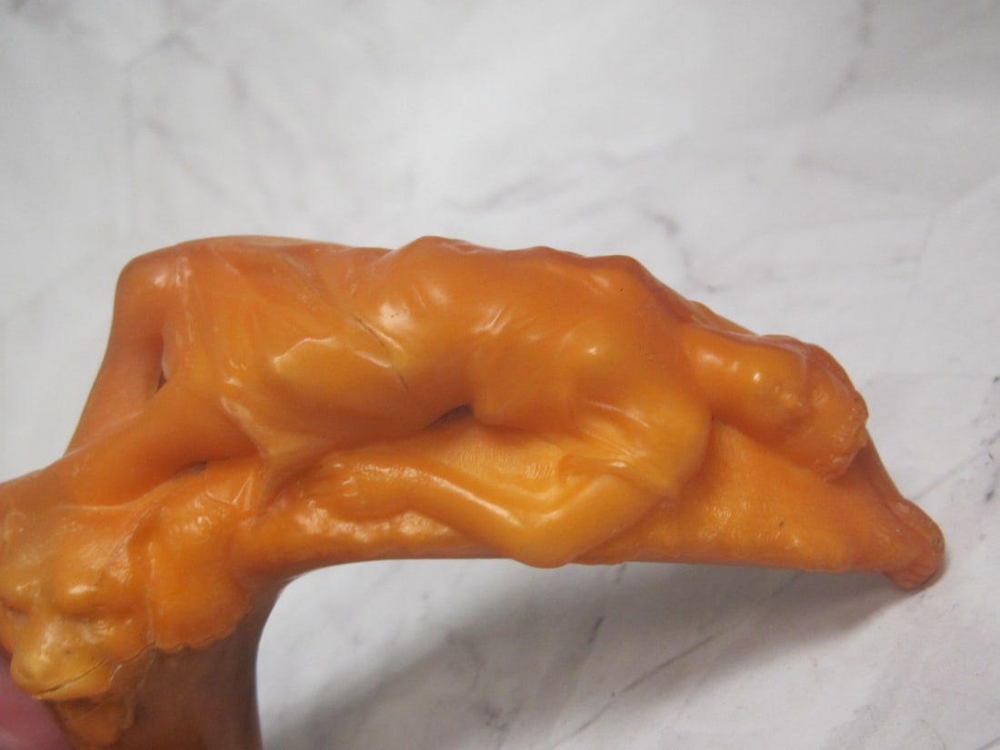 Scarce Art Nouveau Amber Handle of Female Laying on Tiger Skin Rug - 2