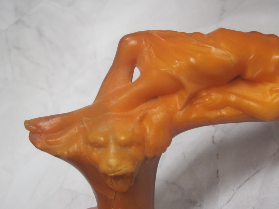 Scarce Art Nouveau Amber Handle of Female Laying on Tiger Skin Rug - 3