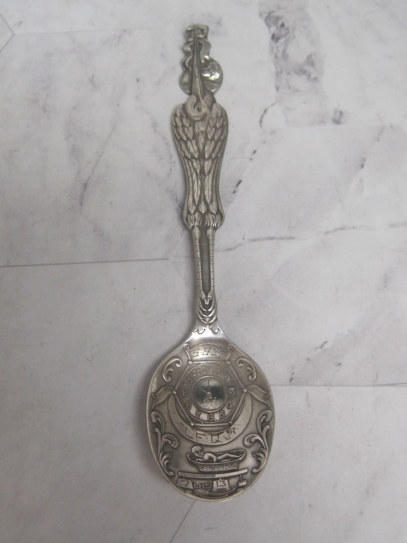 1927 Sterling Silver Baby Record Spoon with Stork: Weighs 14.9 grams, 5 1/2", Figural handle, fancy bowl with date, time, & weight of baby