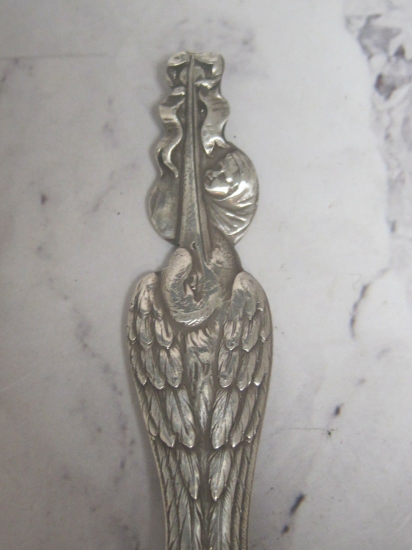 1927 Sterling Silver Baby Record Spoon with Stork - 2