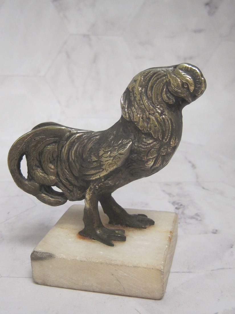Antique French Bronze or Brass Rooster Figure: 3 1/4", White marble base