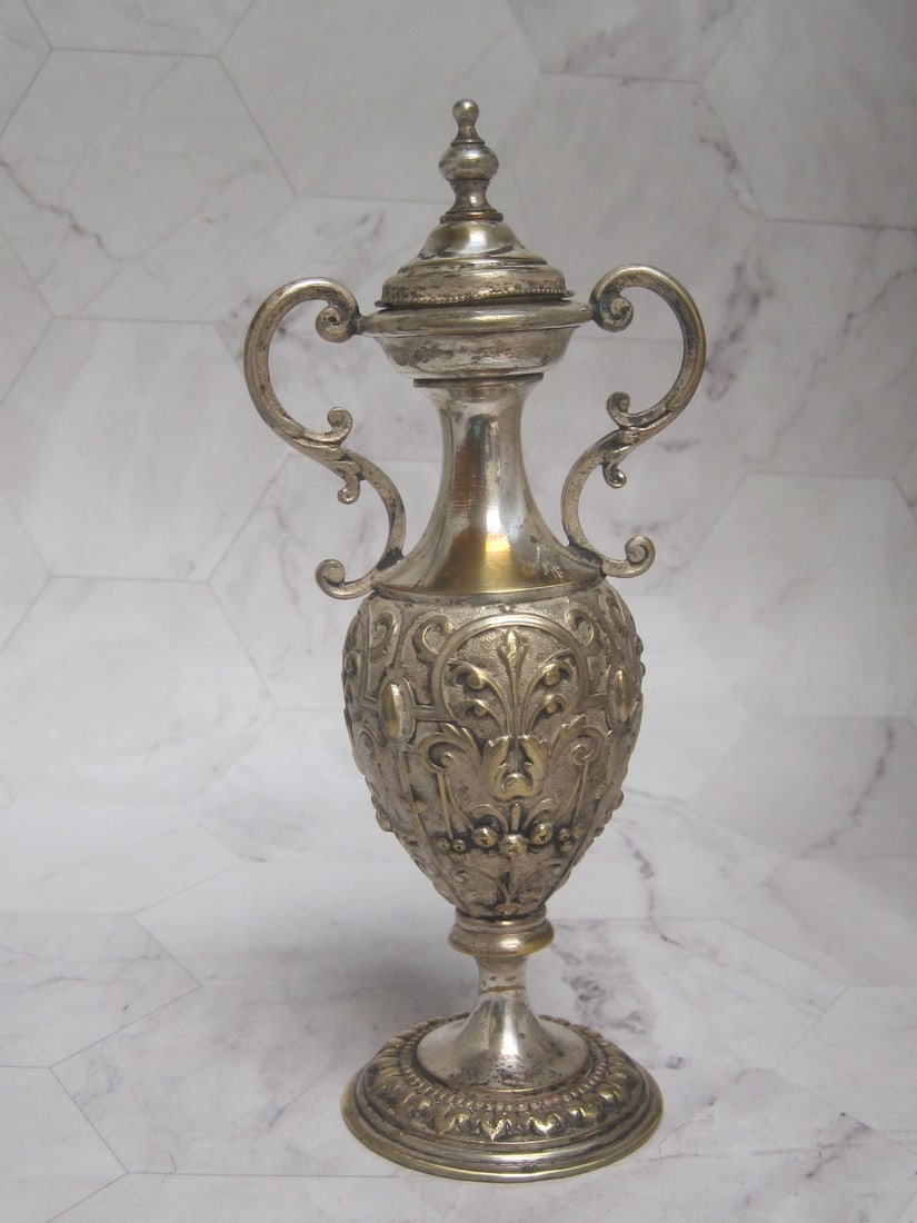 Antique Silverplate Perfume or Cologne Bottle: 6 3/4" tall, Hinged top, handled, fancy rococco designs