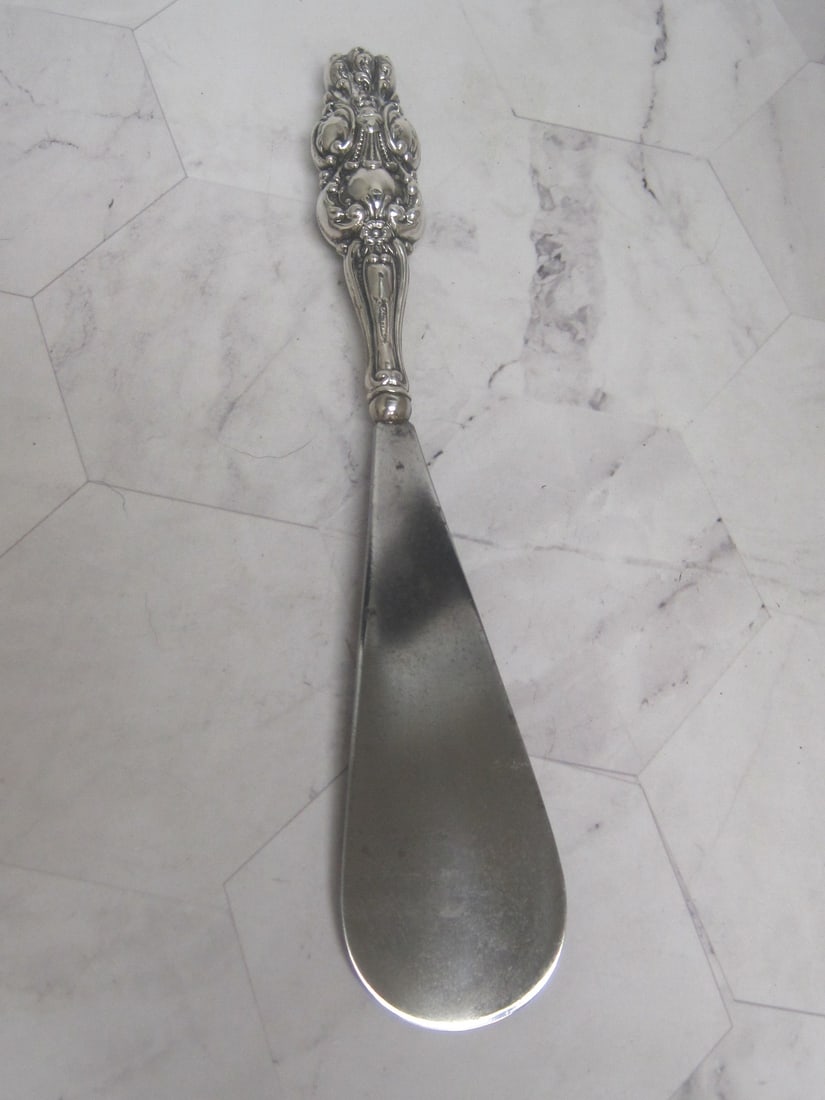 Antique Sterling Silver Handled Shoehorn: 8" long, Elaborate handle