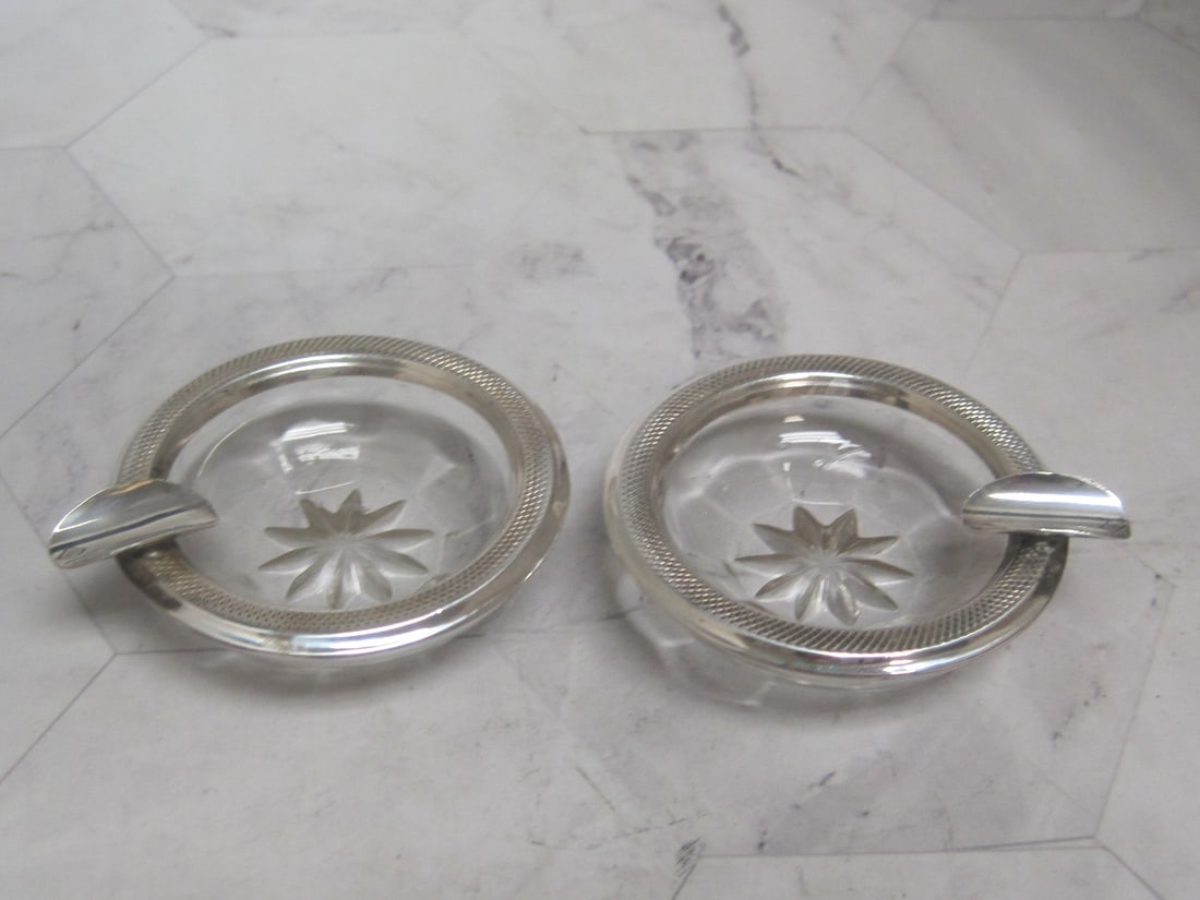 Pair of Sterling Silver & Crystal Ashtrays: 2 1/4", Individual size