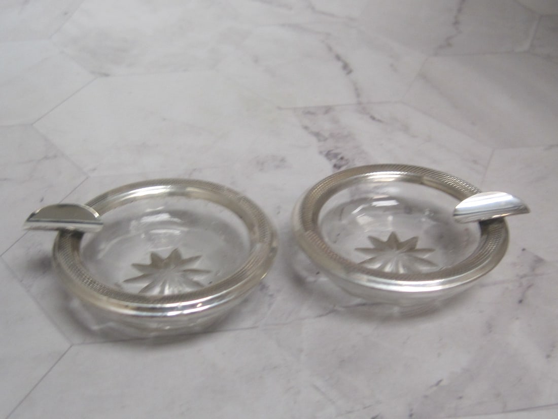 Pair of Sterling Silver & Crystal Ashtrays: 2 1/4", Individual size