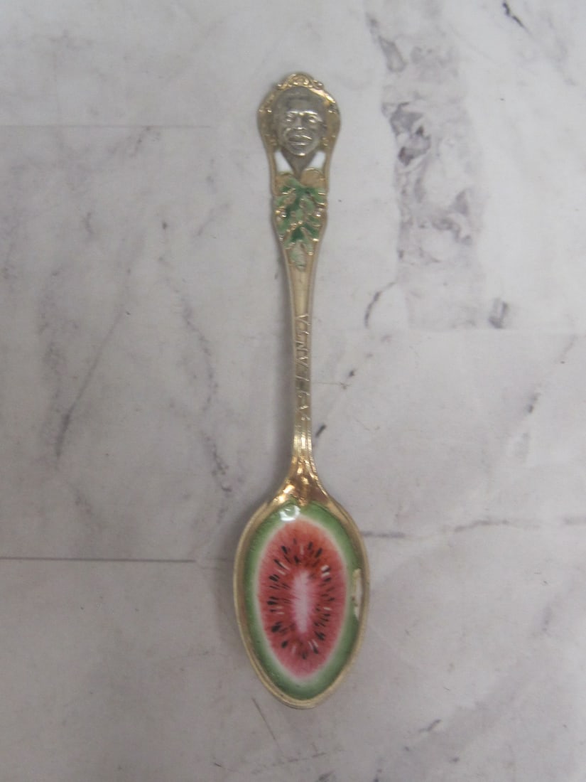 Scarce Enameled Sterling Silver Atlanta Watermelon Spoon: Weighs 12.1 grams, 4 1/4", Young man at top, minor enamel loss at rim