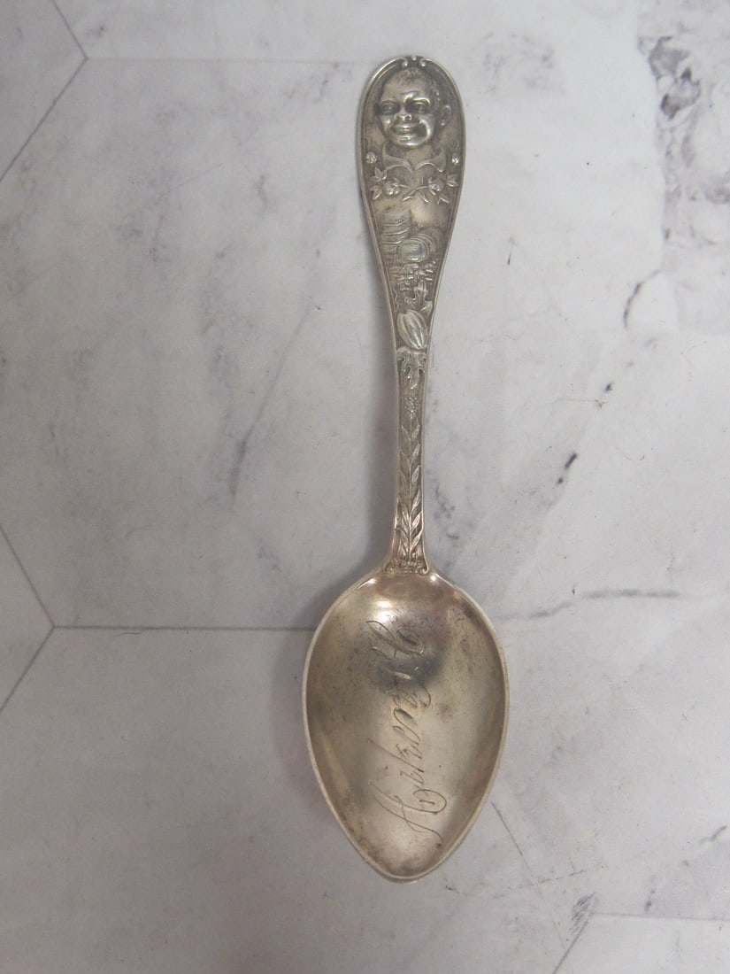 Black Americana Sterling Silver Souvenir Spoon: Weighs 12 grams, 4 1/4", circa 1900, Aiken, SC, Young boy & cotton bales at top