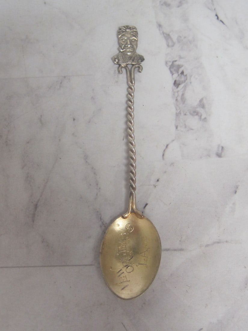 Louisiana Creole Figural Sterling Silver Spoon: Weighs 6.9 grams, 4 1/4", Figure with pipe at top, New Orleans, LA in gold wash bowl