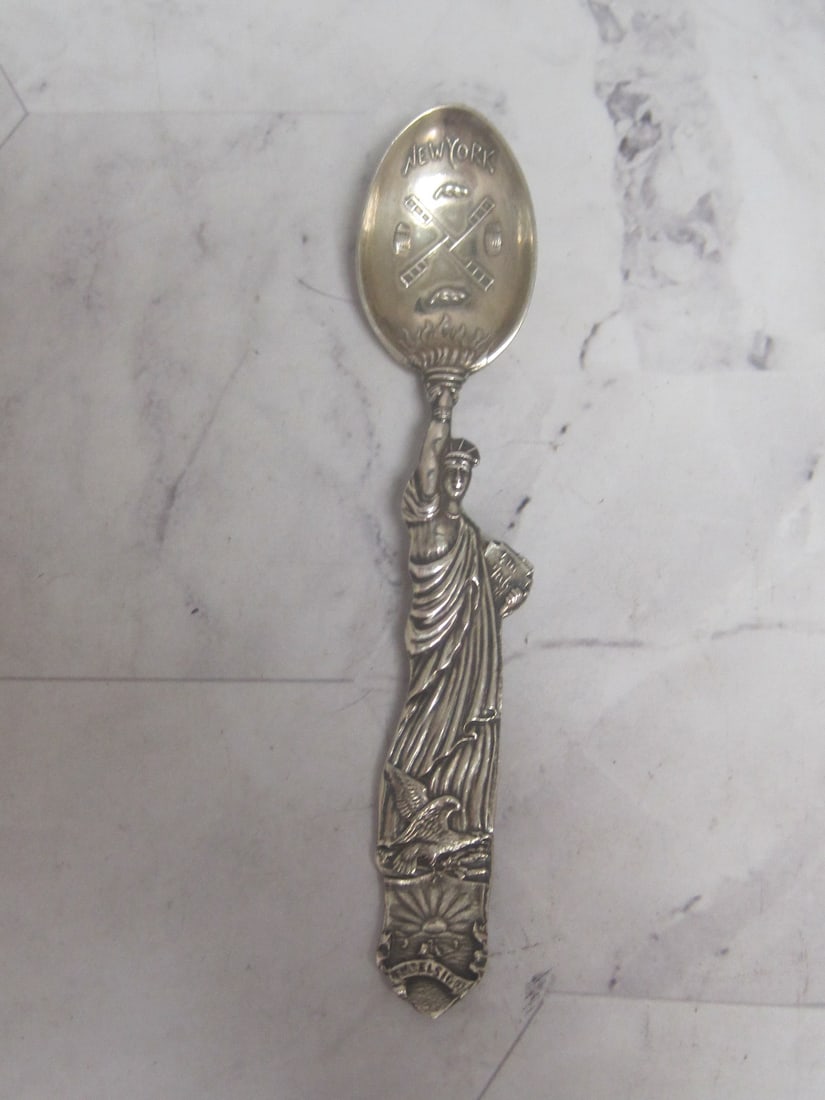 Scarce Statue of Liberty Sterling Silver Souvenir Spoon: Weighs 15.9 grams, 4 1/4", circa 1900, Greatly detailed figural spoon by Sheibler