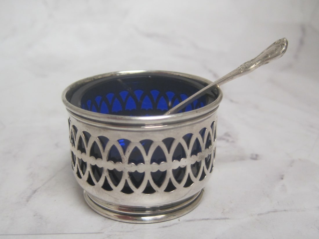 Sterling Silver Salt Cellar & Spoon: Cobalt glass liner, pedestal base, Art deco style