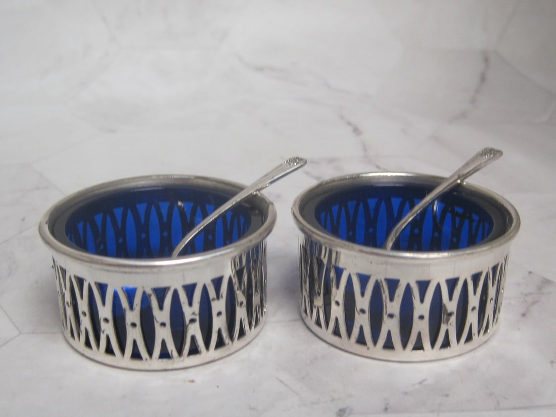 Pair of Sterling Silver Salt Cellars & Spoons: Cobalt glass liners, Art deco style