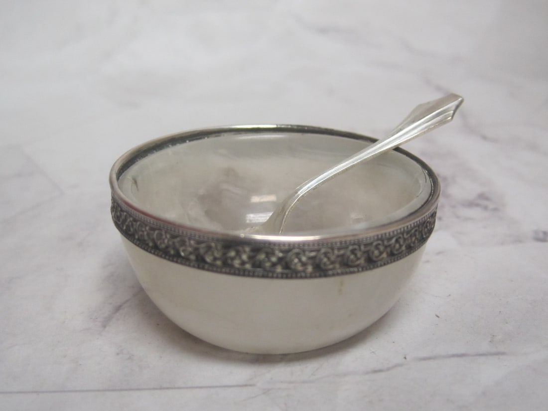 Antique Carved Stone & Silver Salt Cellar: Marble or alabaster, ornate band trim, with sterling silver salt spoon