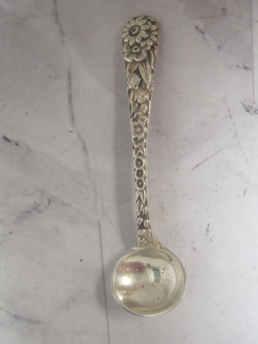 Sterling Silver Repousse Salt Spoon: Weighs 5.5 grams, 2 1/2", By S. Kirk & Sons