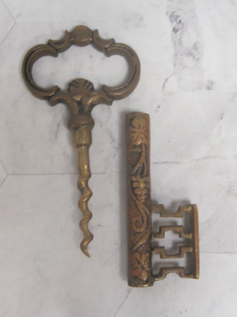 Neat Figural Wine Corkscrew in Shape of Key: 5", Brass, Hidden inner corkscrew